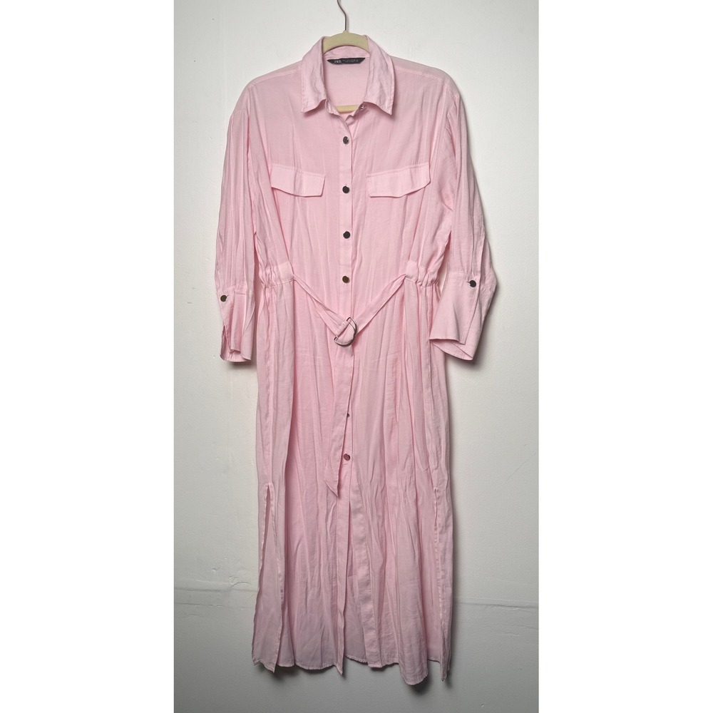 Zara Womens Pink Modal Utility Maxi Shirt Dress Size Large D-Ring Belt Side Slit